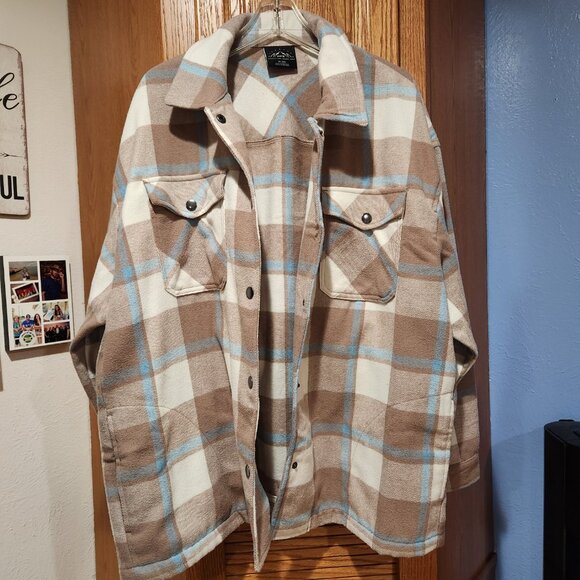 HFX Flannel Shirt Jacket Women's XL Plaid Brown Neutral Relaxed Fit Warm Shell - Picture 8 of 11